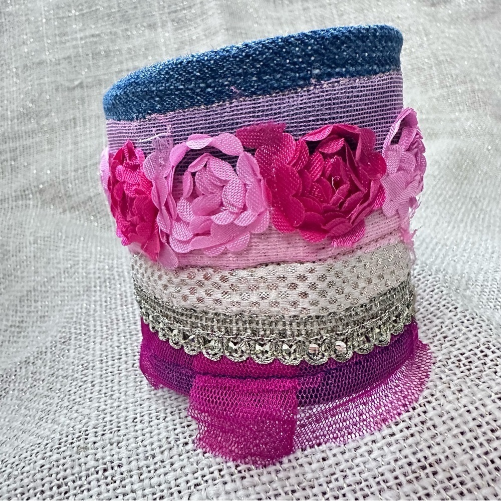 RUBYRUDI Cuff Bracelet Handcrafted OOAK Fabric Embellished Artisan Wearable Art